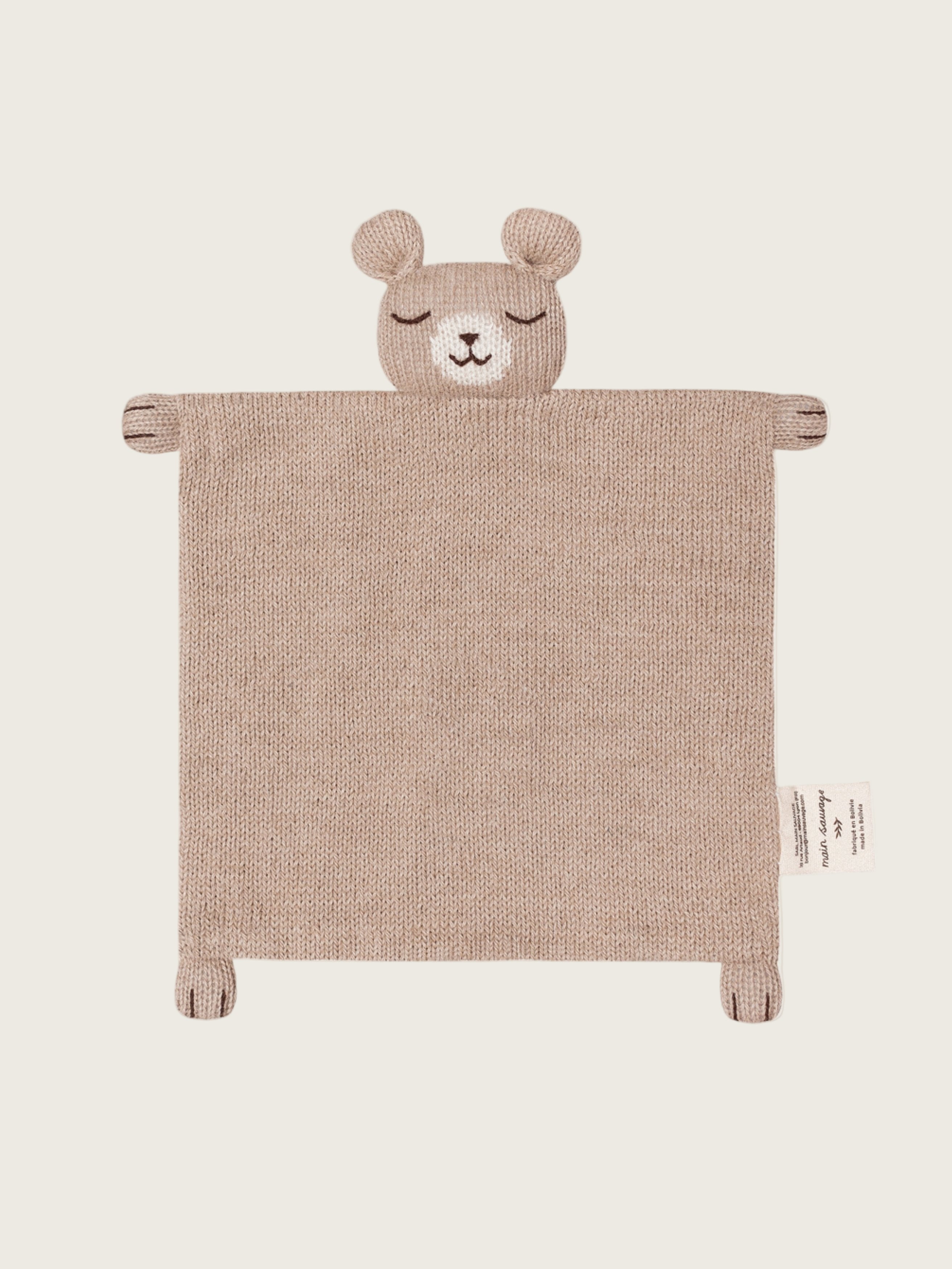 knitted wool teddy cuddle cloth in sand with soft square body and bear head detail