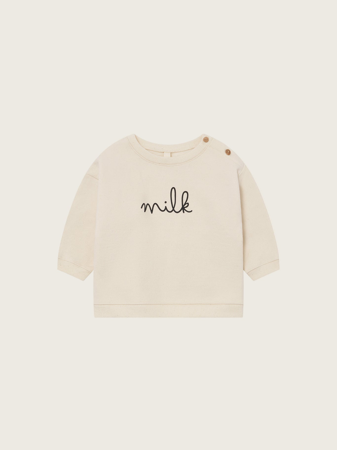 toddler cream undyed cotton boxy drop shoulder sweatshirt with milk text and shoulder buttons