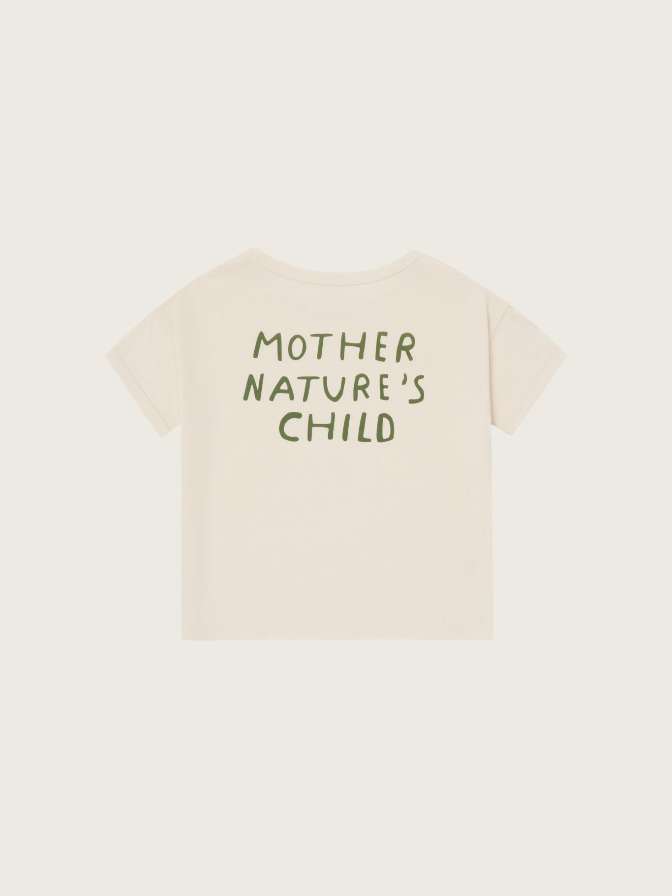 Beige t-shirt with 'Mother Nature's Child' text on a white background