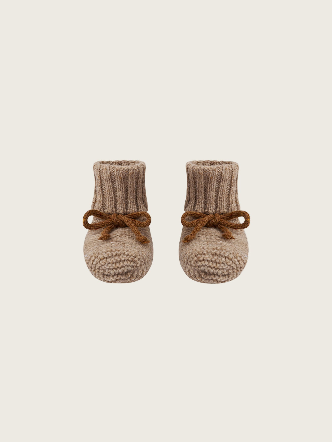 baby and toddler wool booties in oatmeal with ribbed cuffs and brown ribbons