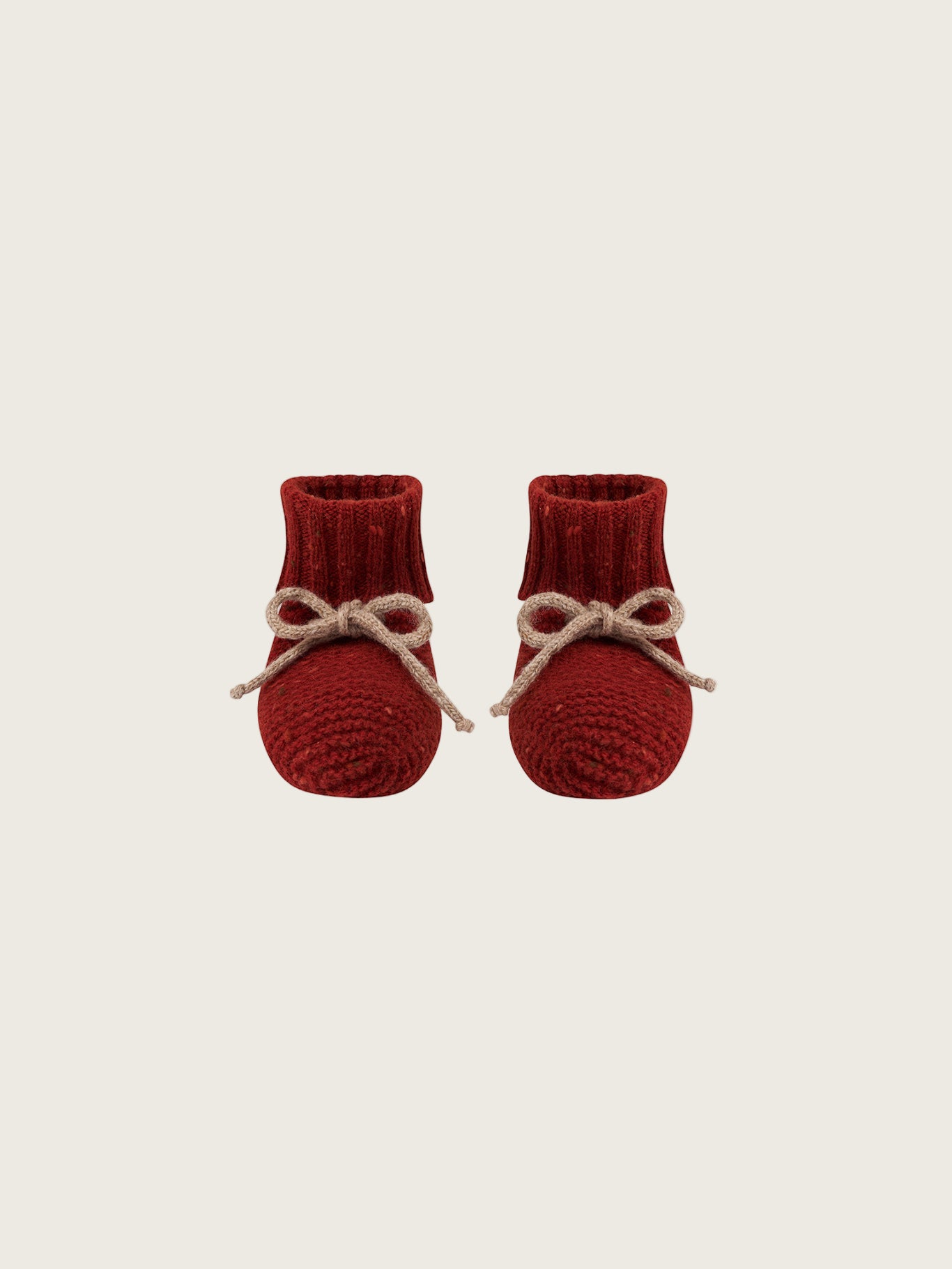 baby and toddler wool booties in paprika red with ribbed cuffs and beige ribbons