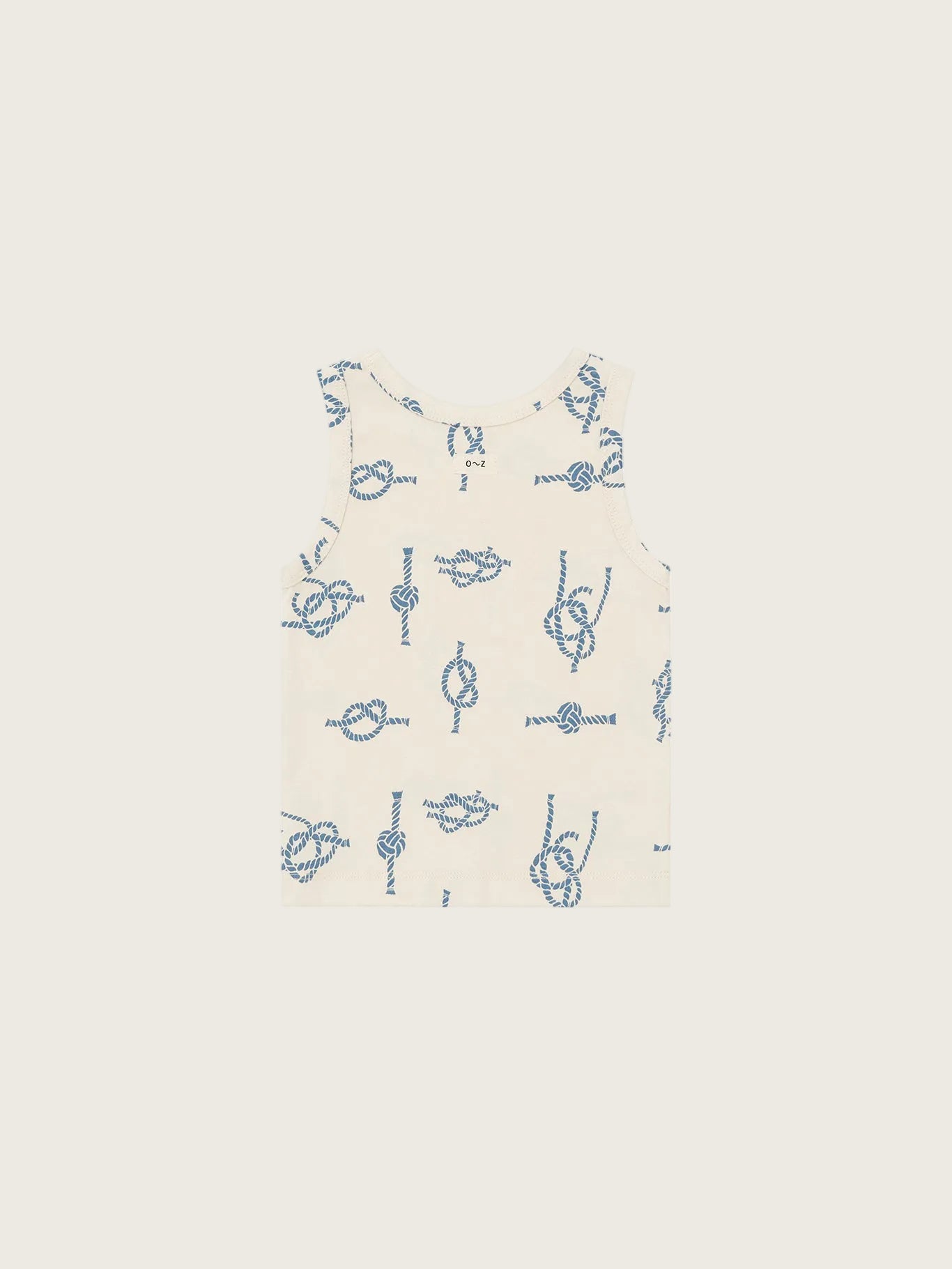 Beige tank top with blue knot pattern on a white background