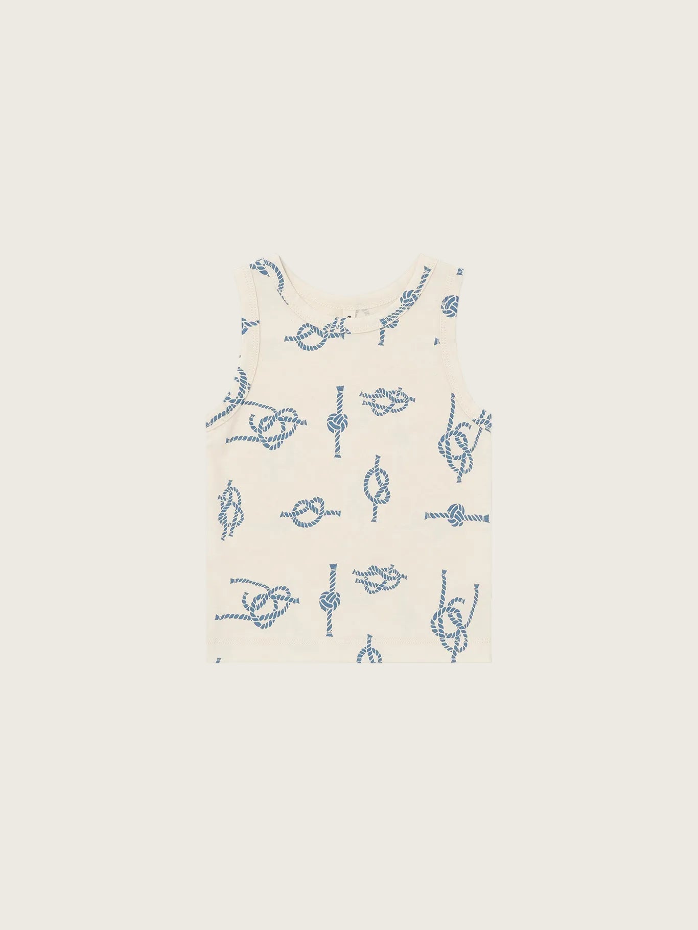Beige tank top with blue knot pattern on a white background