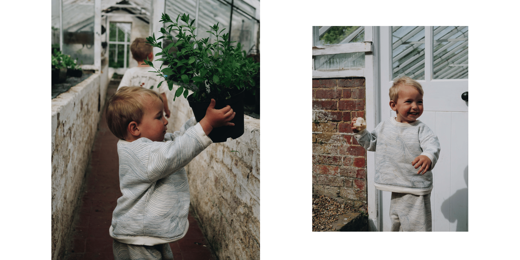 Two images of a child holding a potted plant in a greenhouse setting.