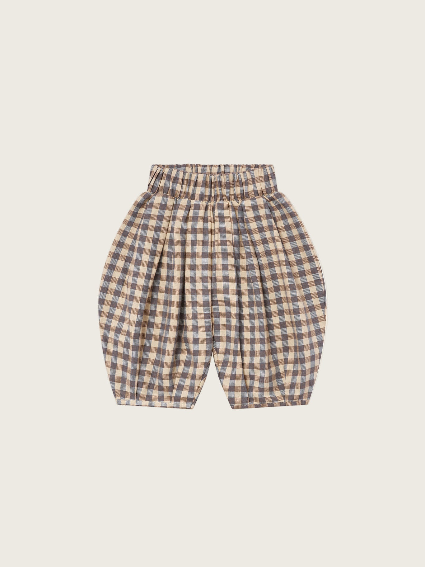baby and toddler flannel balloon pants in cream and blue checkered gingham, with elastic waistband