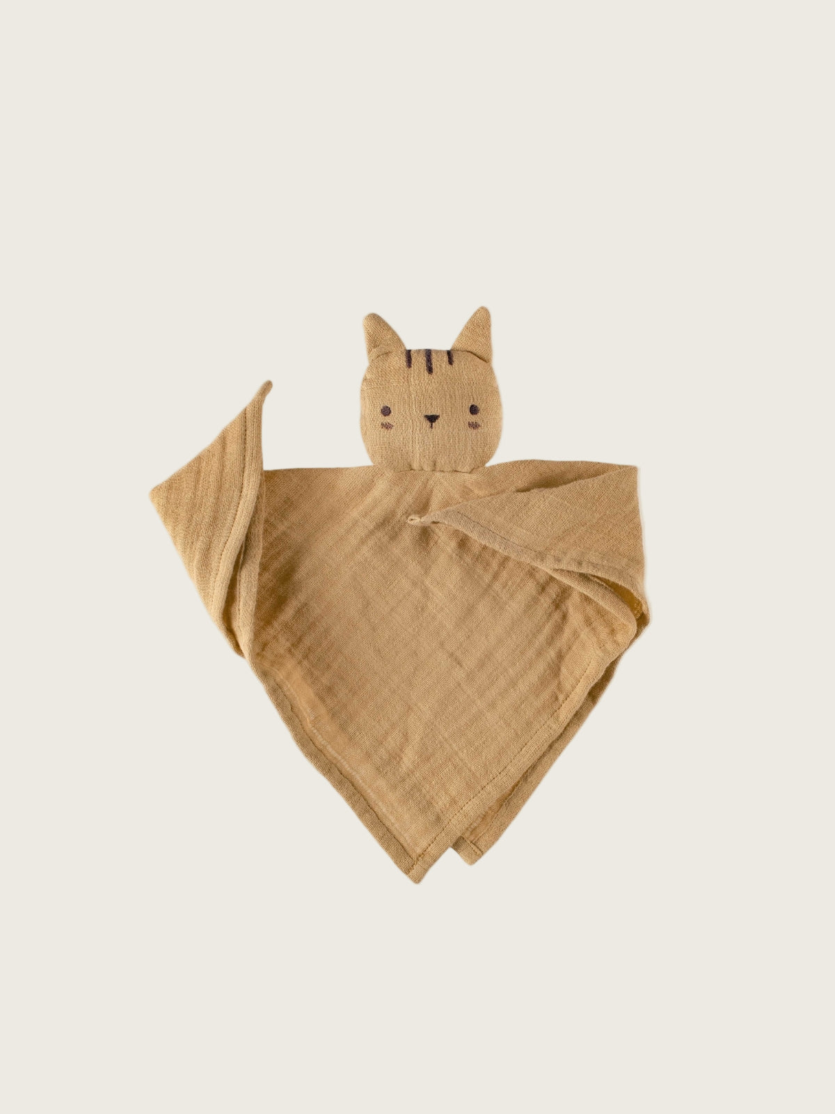 Brown baby comfort blanket with cat design on a light gray background