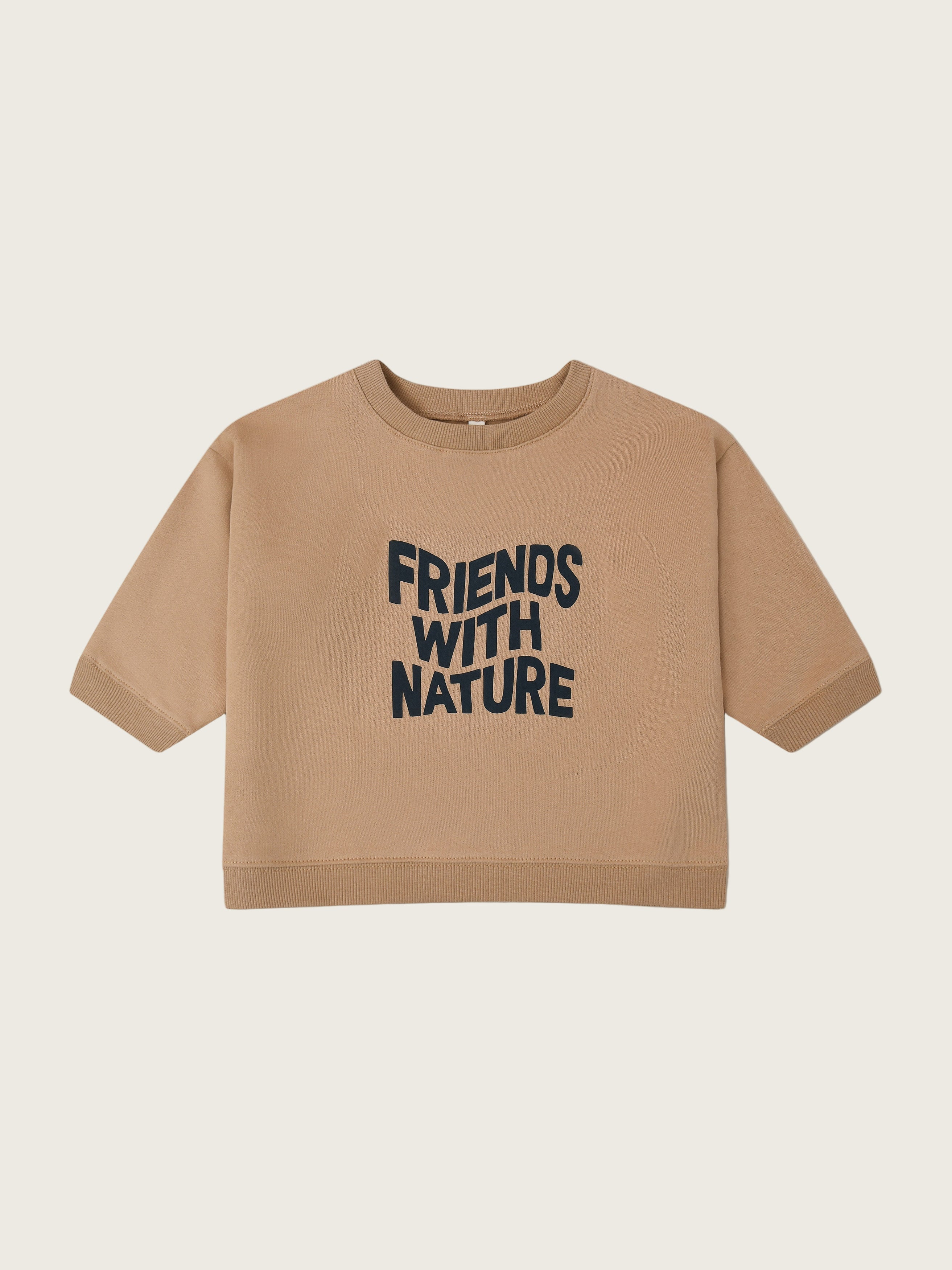 toddler brown sweater with FRIENDS WITH NATURE in wavy text across the front