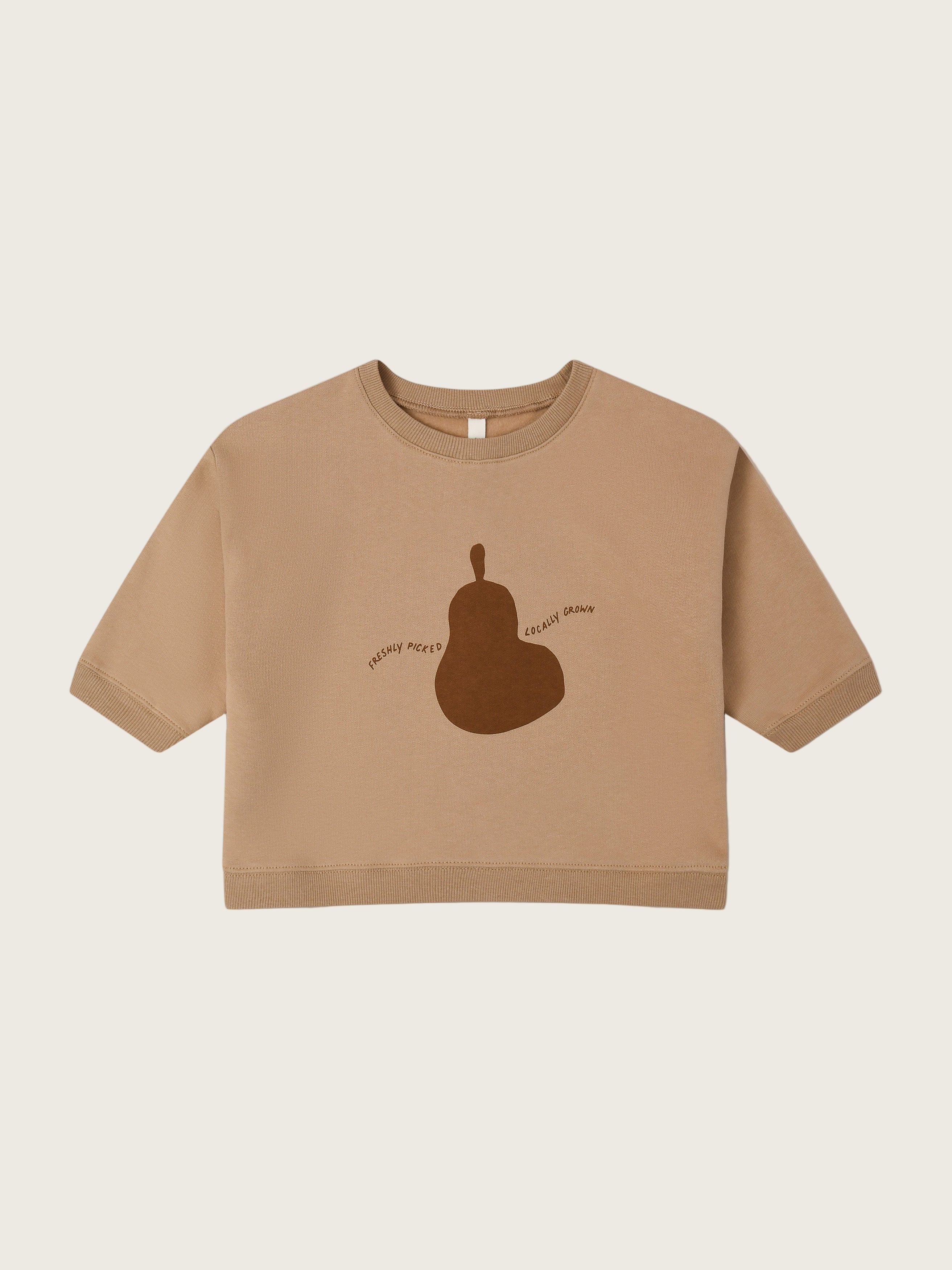 toddler terry cotton sweatshirt in brown with pear FRESHLY PICKED LOCALLY GROWN text