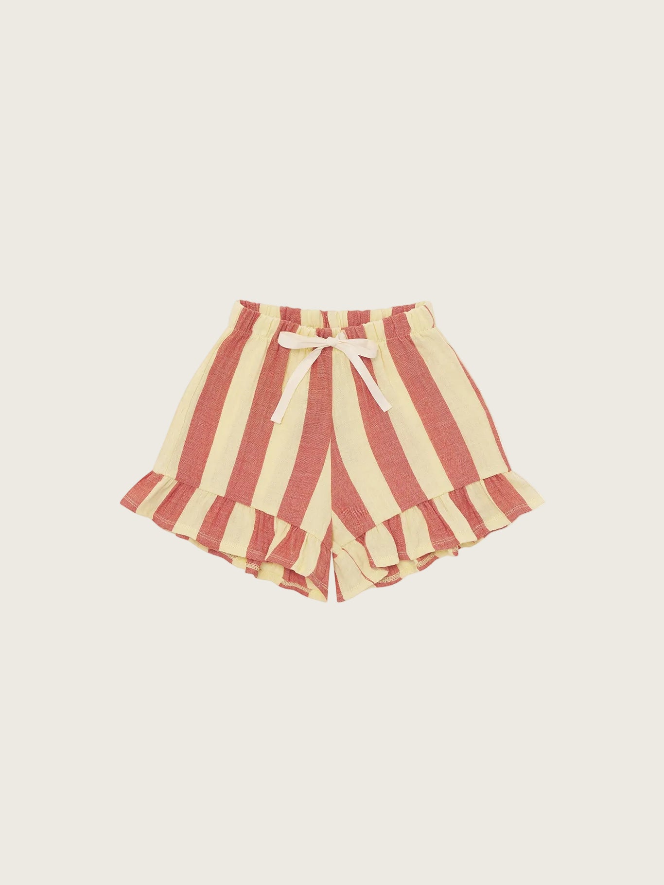 Striped shorts with ruffles on a white background