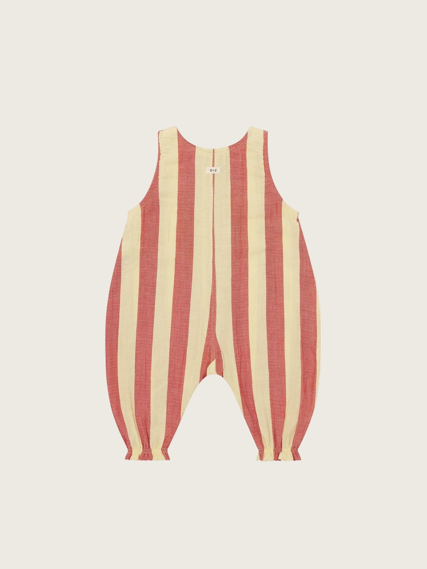 Striped romper with red and beige pattern on a white background