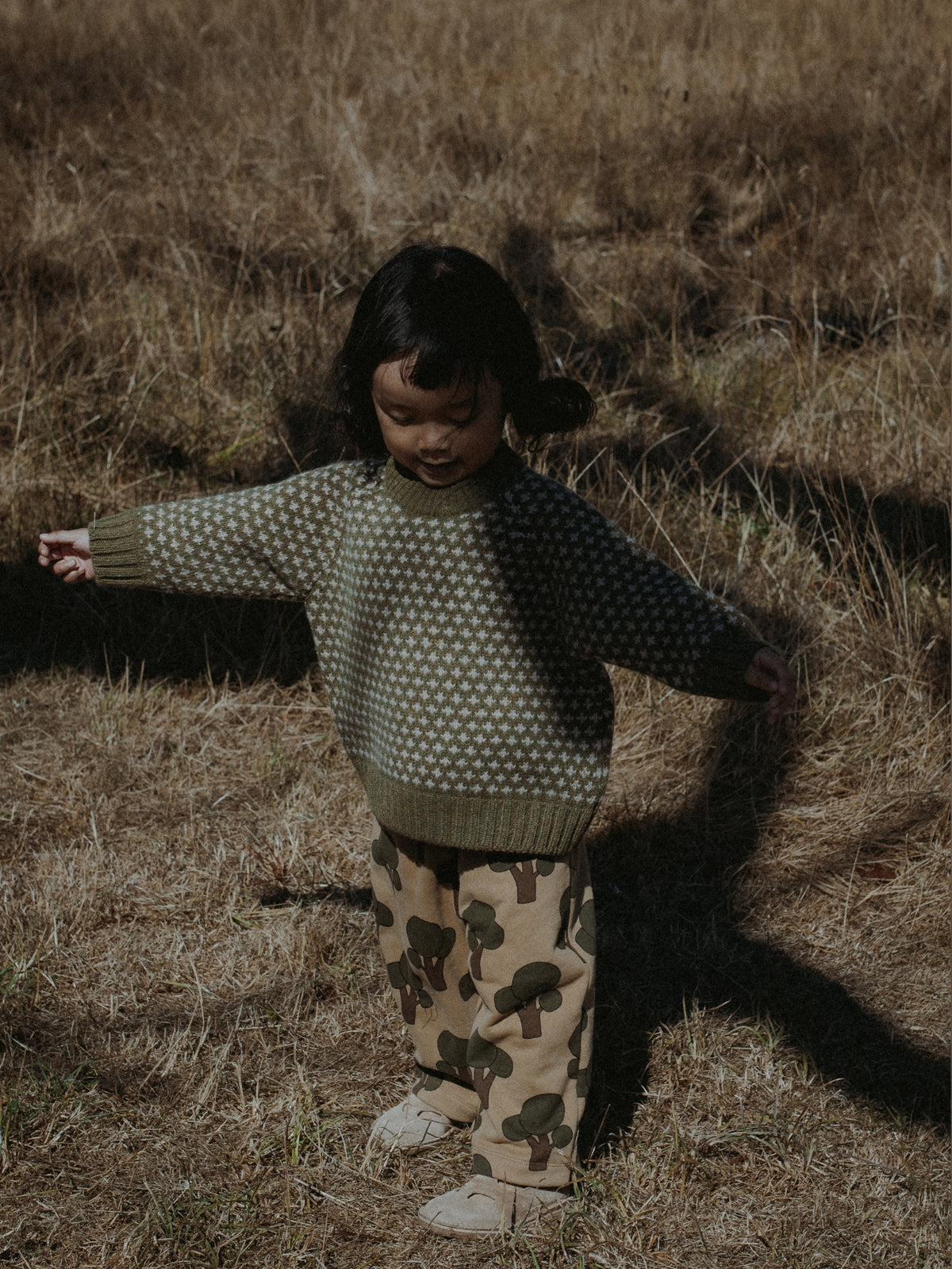 A toddler standing outdoors in dry grass, wearing a muted green and cream patterned knit sweater and tan pants with a dark abstract print.