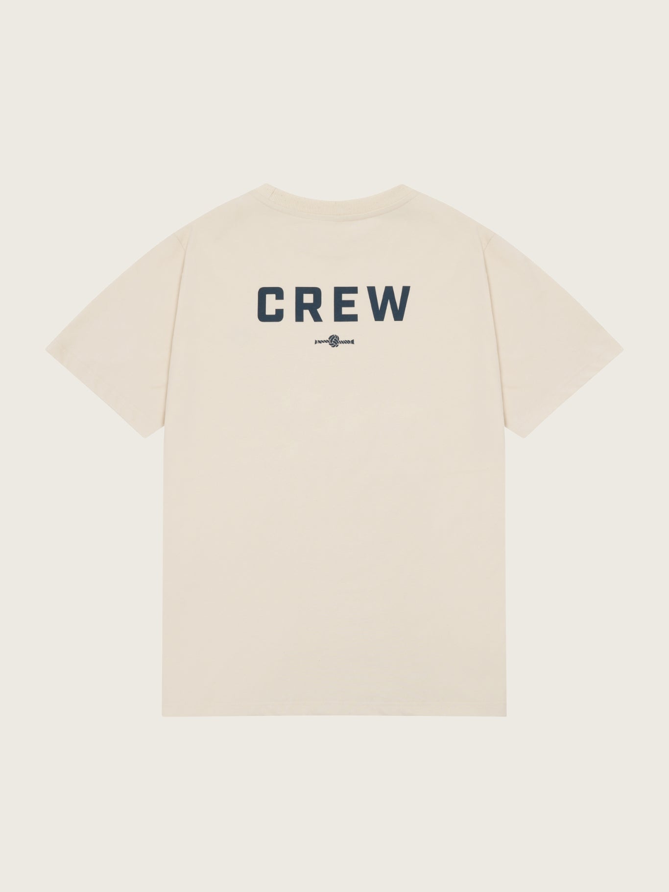 Beige t-shirt with 'CREW' printed on the back against a white background