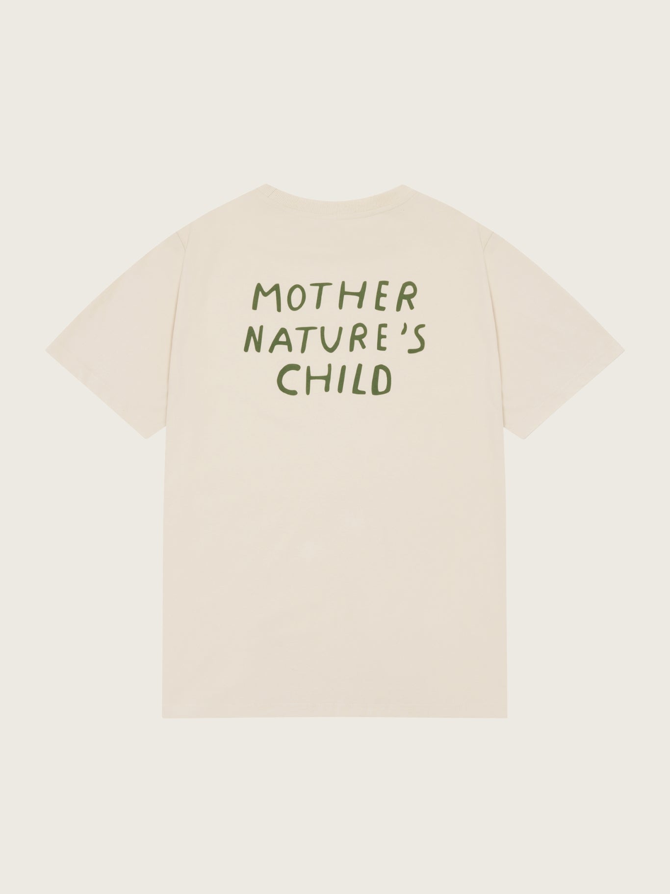 Beige t-shirt with 'MOTHER NATURE'S CHILD' text on a white background