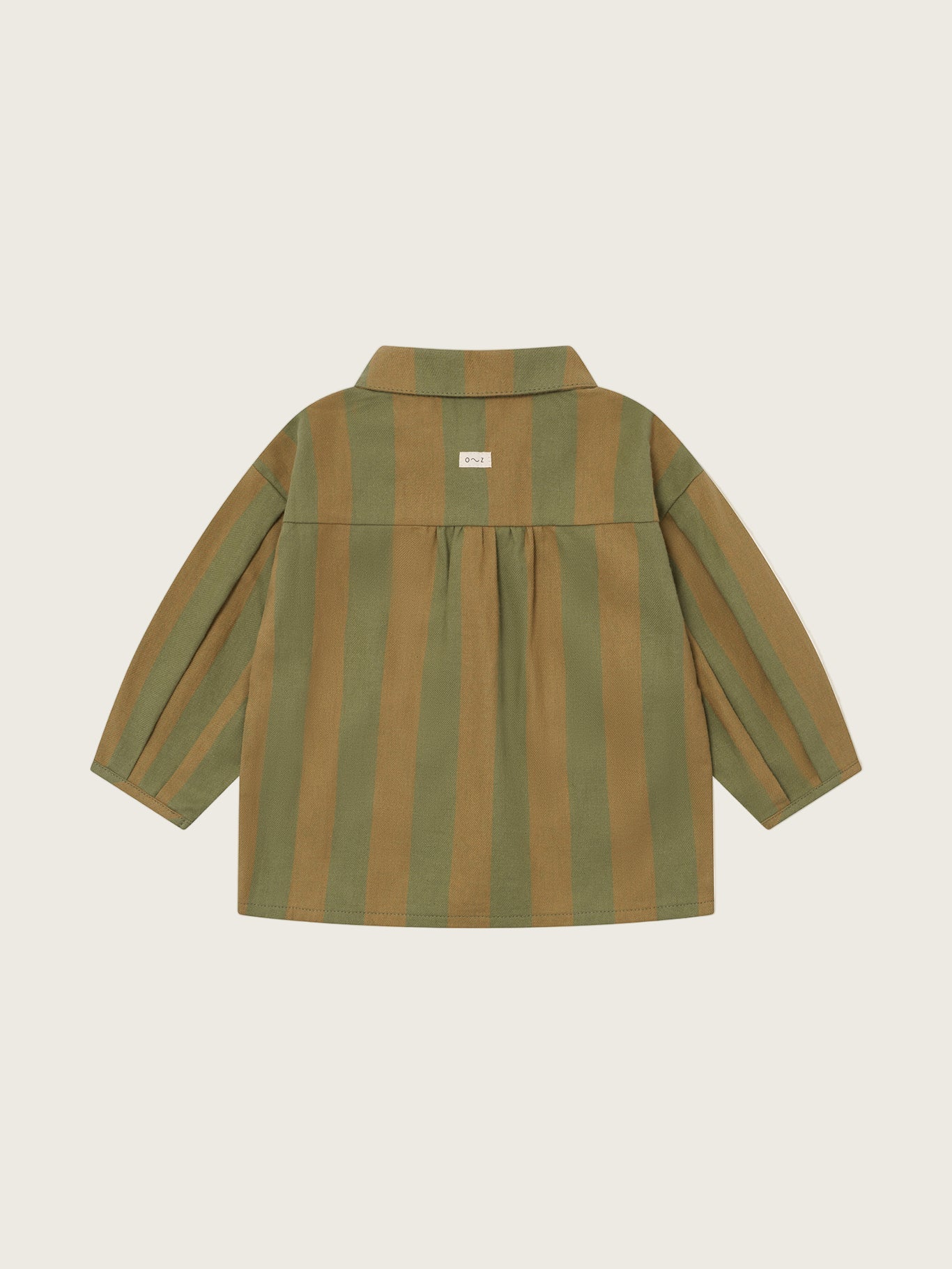 baby & toddler stripes lodge shirt in cream & green with peter pan collar, patch pockets & balloon sleeves