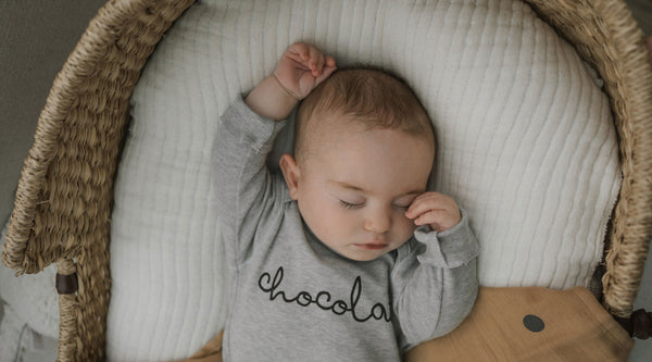 Baby Wearing Grey Melange Playsuit with Chocolate Print Sleeping in Moses Basket