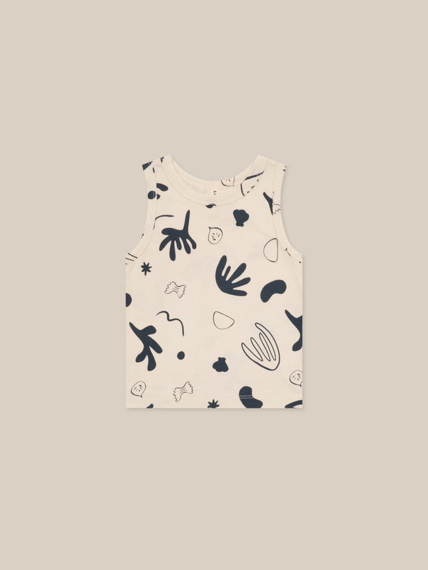 baby and toddler white capri summer vest in undyed cotton with navy ocean print