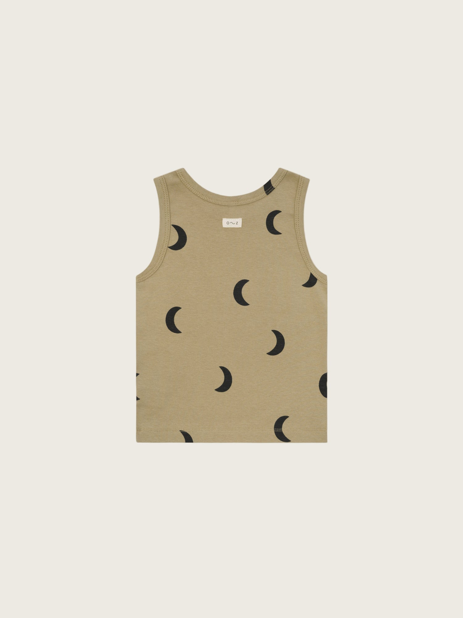 baby and toddler dusky beige organic ribbed cotton summer vest with black moon print