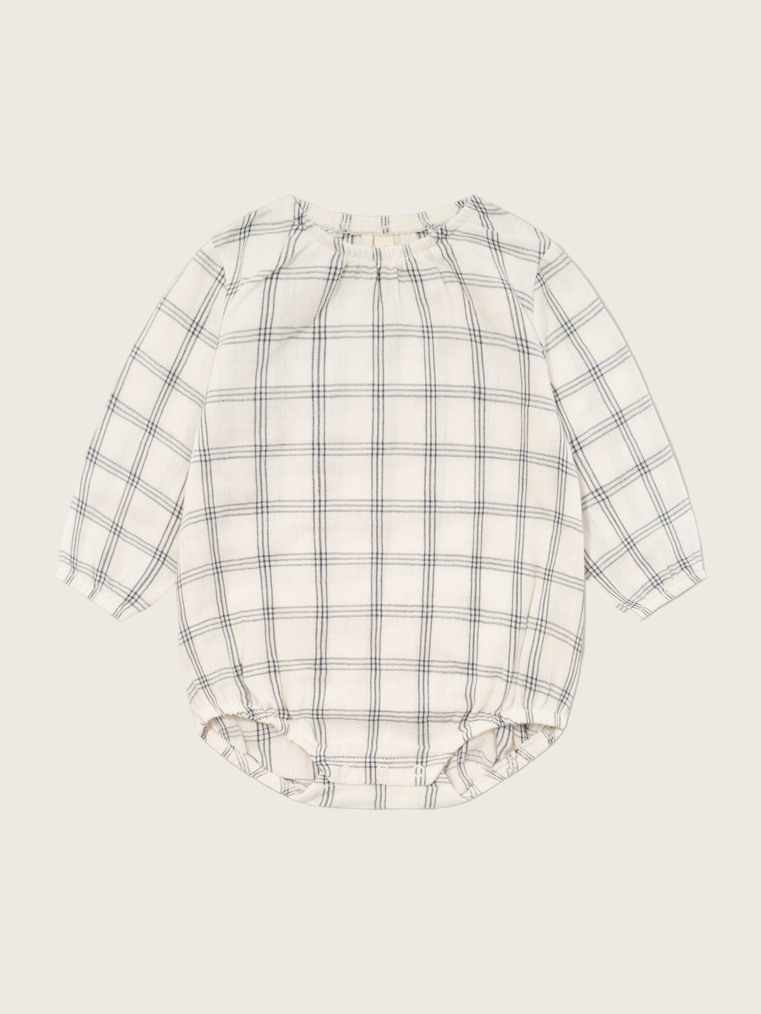 baby white window check long sleeved muslin bodysuit with gathered neckline & cuffs, crotch poppers