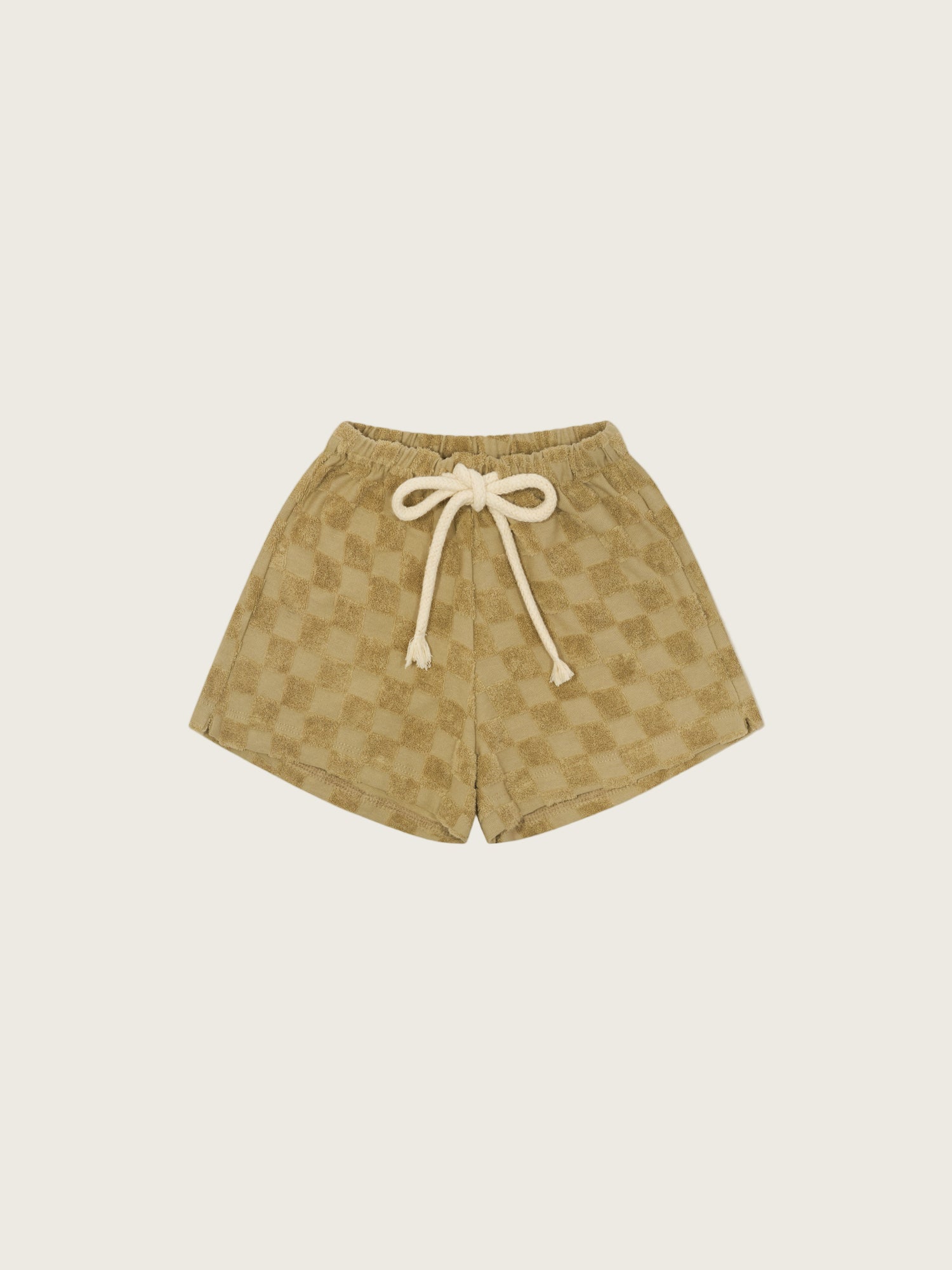 baby & toddler beige checkerboard rope drawstring shorts in organic terry cotton with elastic waistband