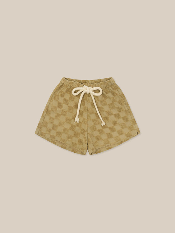 baby & toddler beige checkerboard rope drawstring shorts in organic terry cotton with elastic waistband