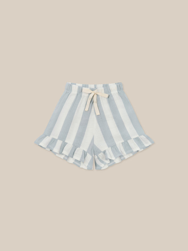 toddler sardine blue striped organic muslin shorts with frill hem, drawstring and elastic waist