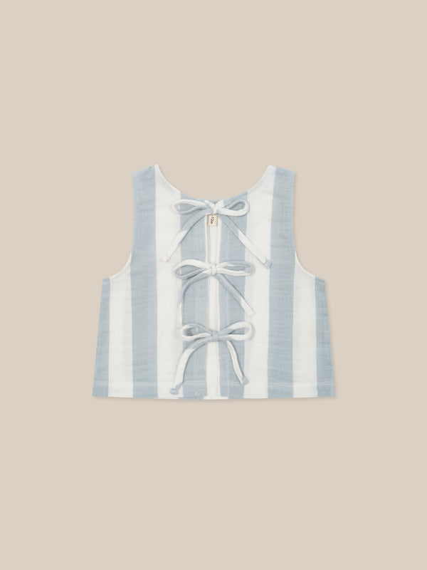 toddler two-way ribbon-tie sleeveless organic muslin resort top in sardine blue and white stripes