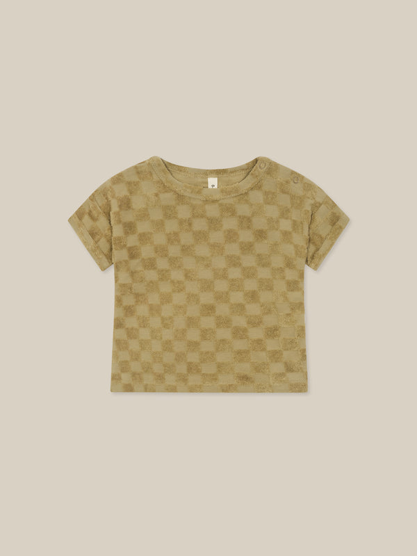 baby dusky beige checkerboard boxy drop shoulder t-shirt in soft organic terry cotton