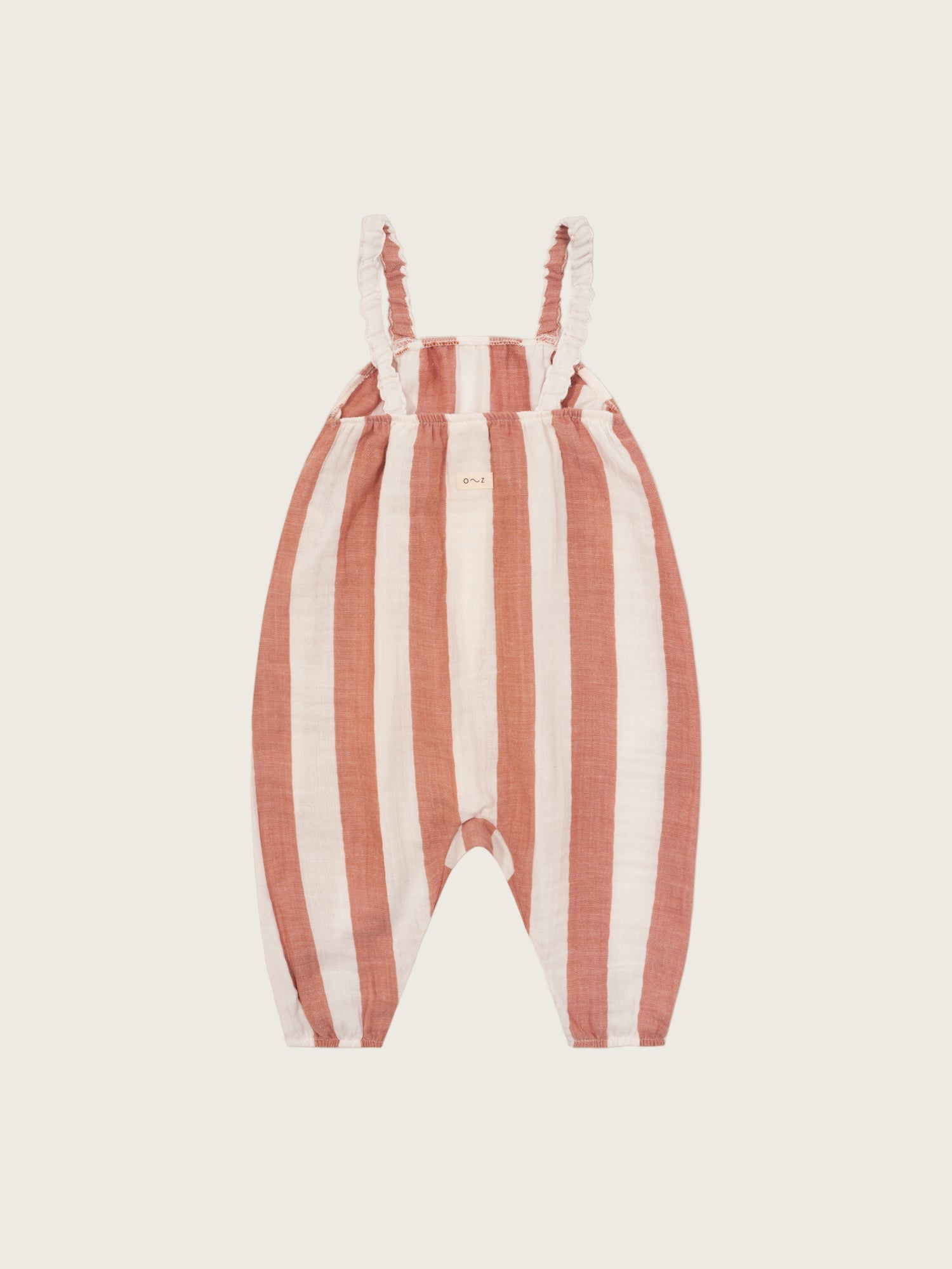 baby & toddler organic muslin sienna red striped artisan jumpsuit with gathered straps & pockets