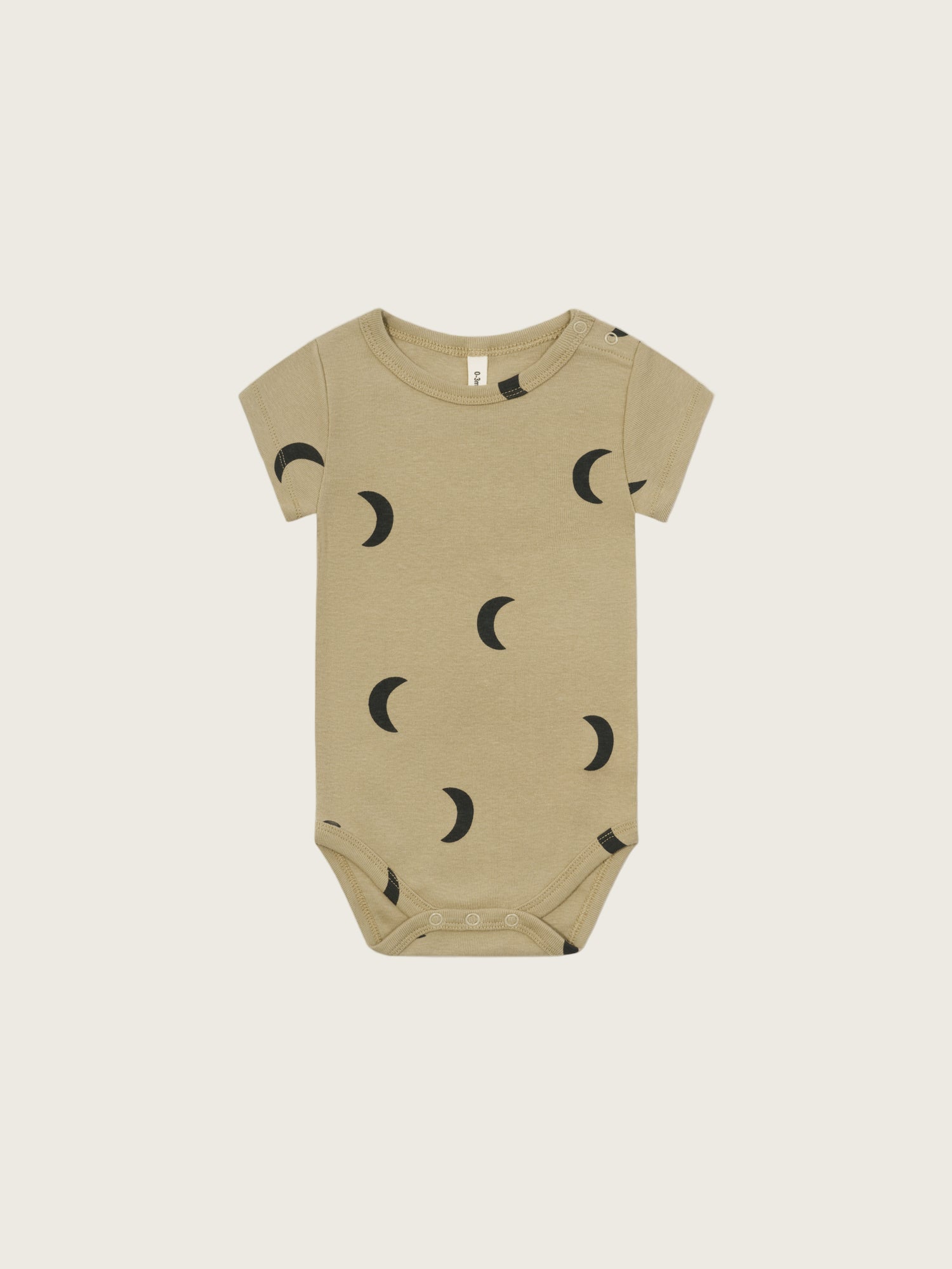 baby dusky beige organic ribbed cotton short sleeved bodysuit with black moons, shoulder & crotch poppers