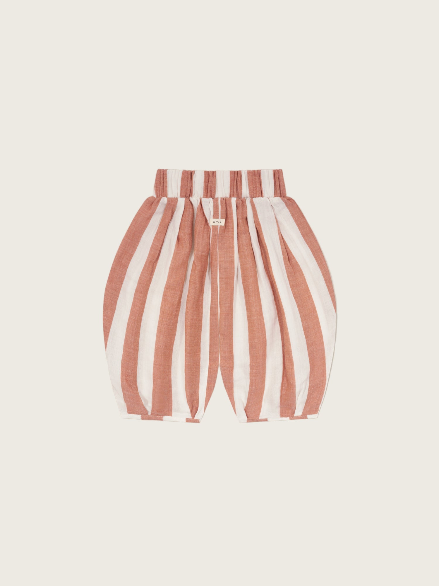 baby & toddler organic muslin balloon resort trousers in sienna red stripes with elastic waistband