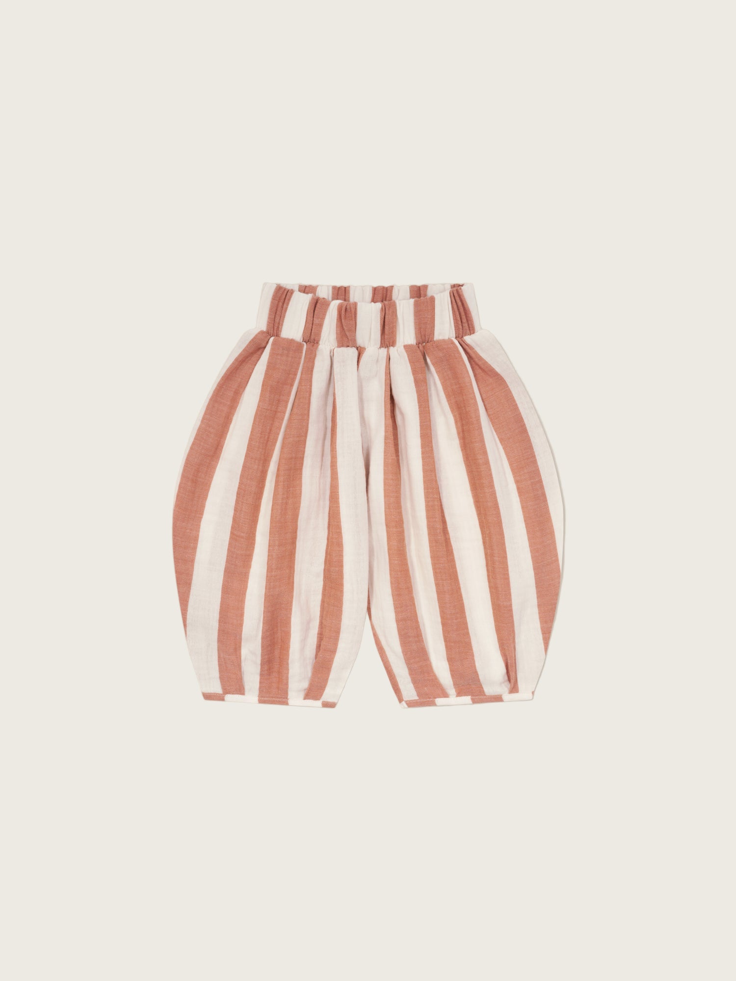 baby & toddler organic muslin balloon resort trousers in sienna red stripes with elastic waistband