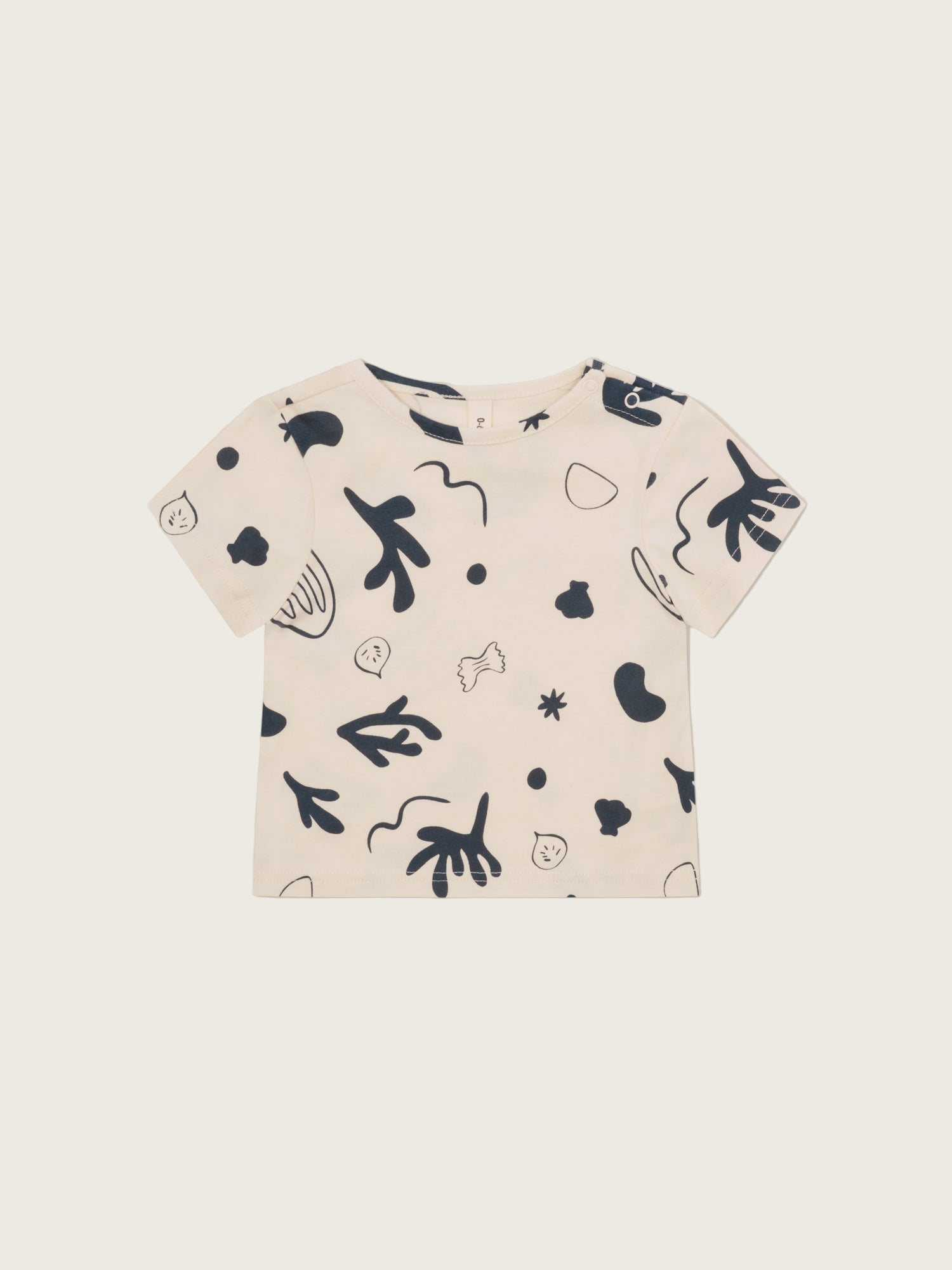 baby undyed cotton crew neck classic t-shirt in white with navy ocean print & shoulder poppers
