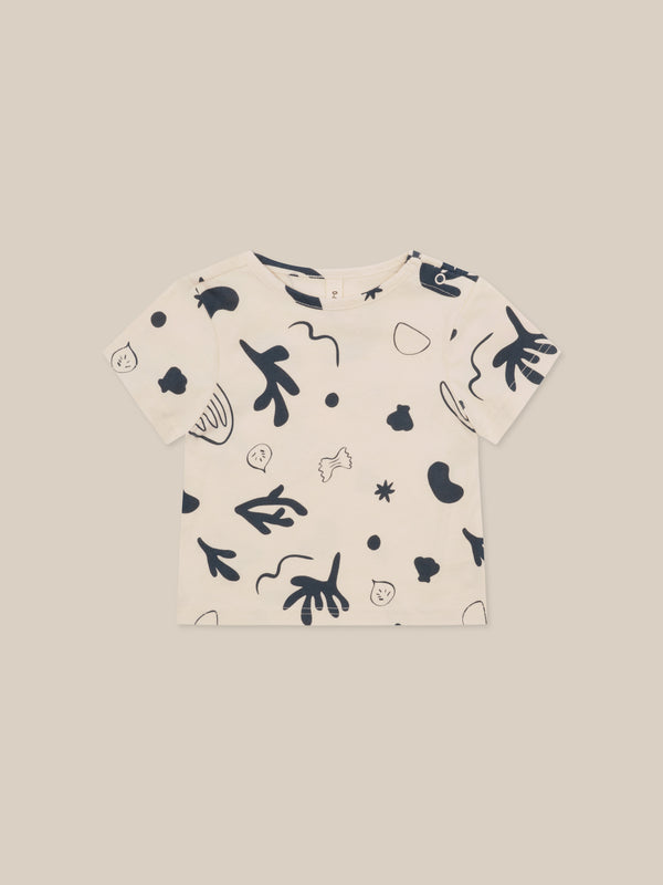 baby undyed cotton crew neck classic t-shirt in white with navy ocean print & shoulder poppers