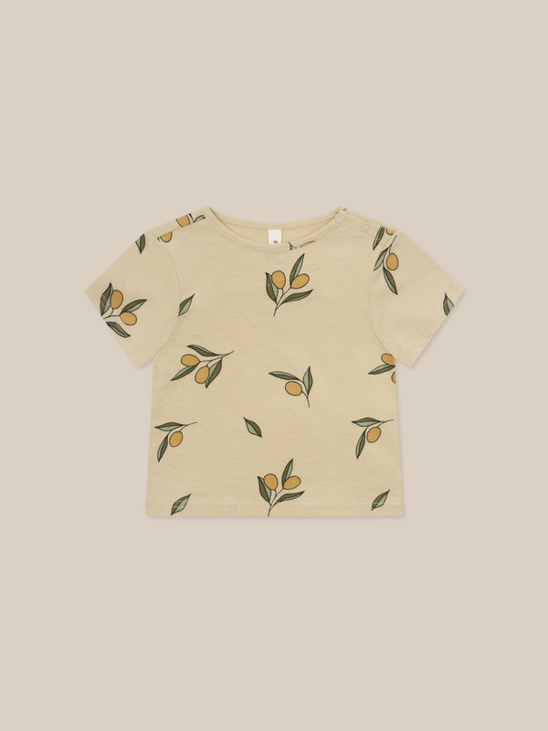 baby organic cotton crew neck classic t-shirt in cream with olive print & shoulder poppers