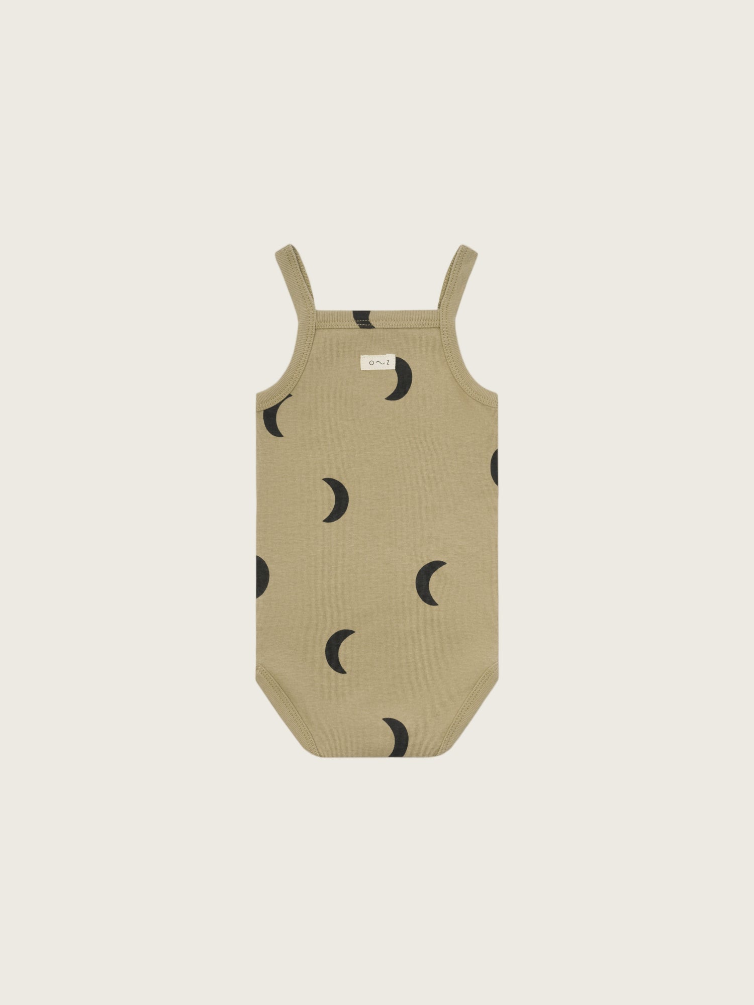 baby dusky beige organic ribbed cotton tank bodysuit with black moon print & crotch poppers