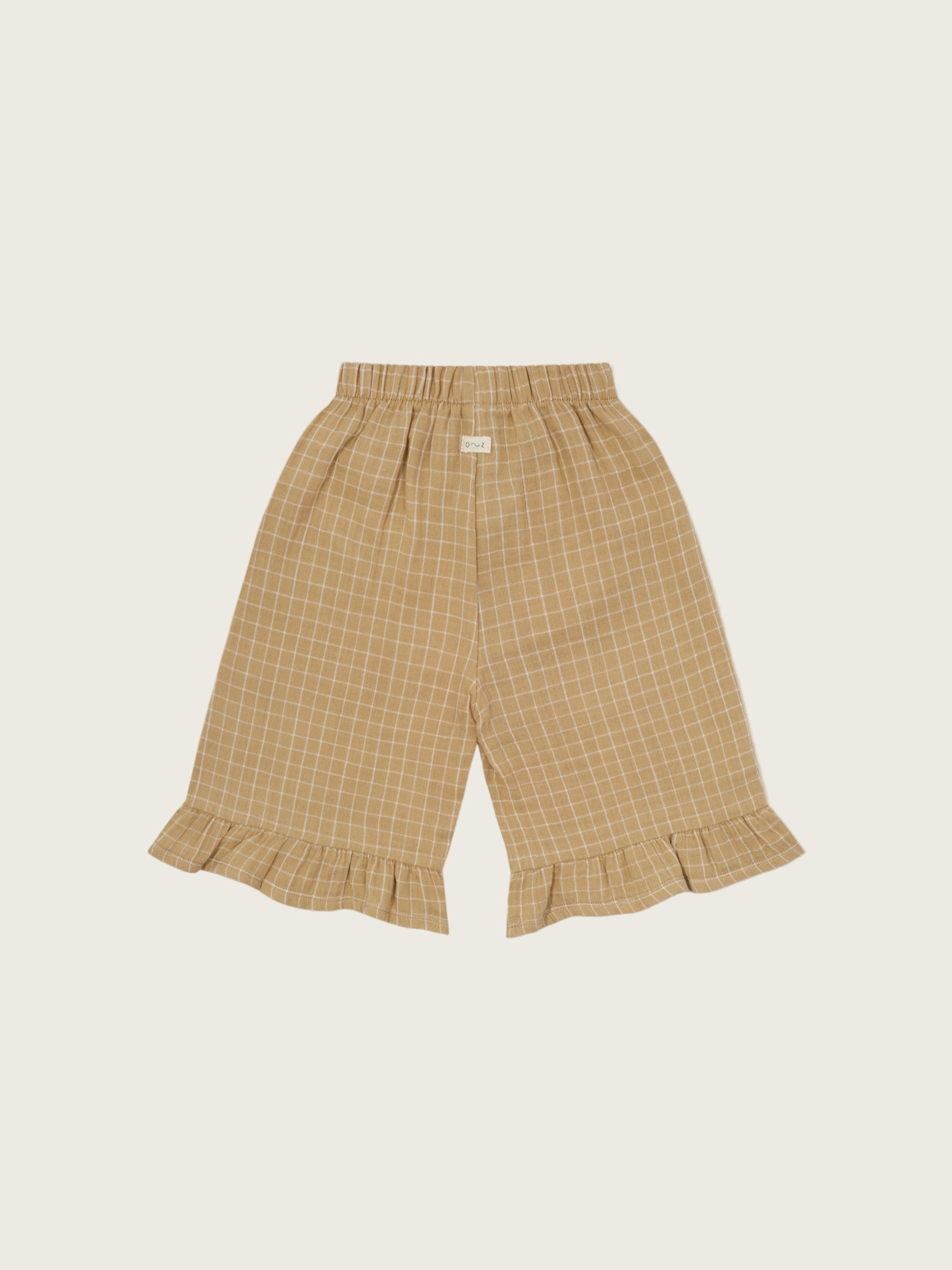 toddler wheat gold grid check organic muslin culottes with frill hem & elastic waistband