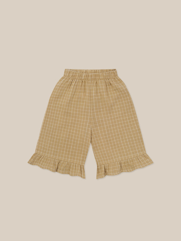 toddler wheat gold grid check organic muslin culottes with frill hem & elastic waistband