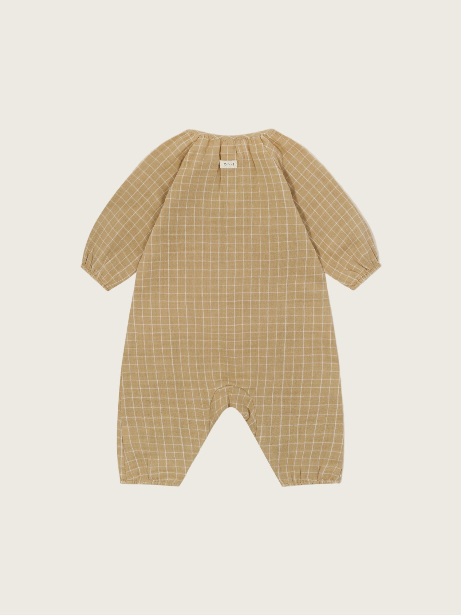 baby wheat gold grid check organic muslin onesie with gathered neckline & cuffs, front & crotch poppers