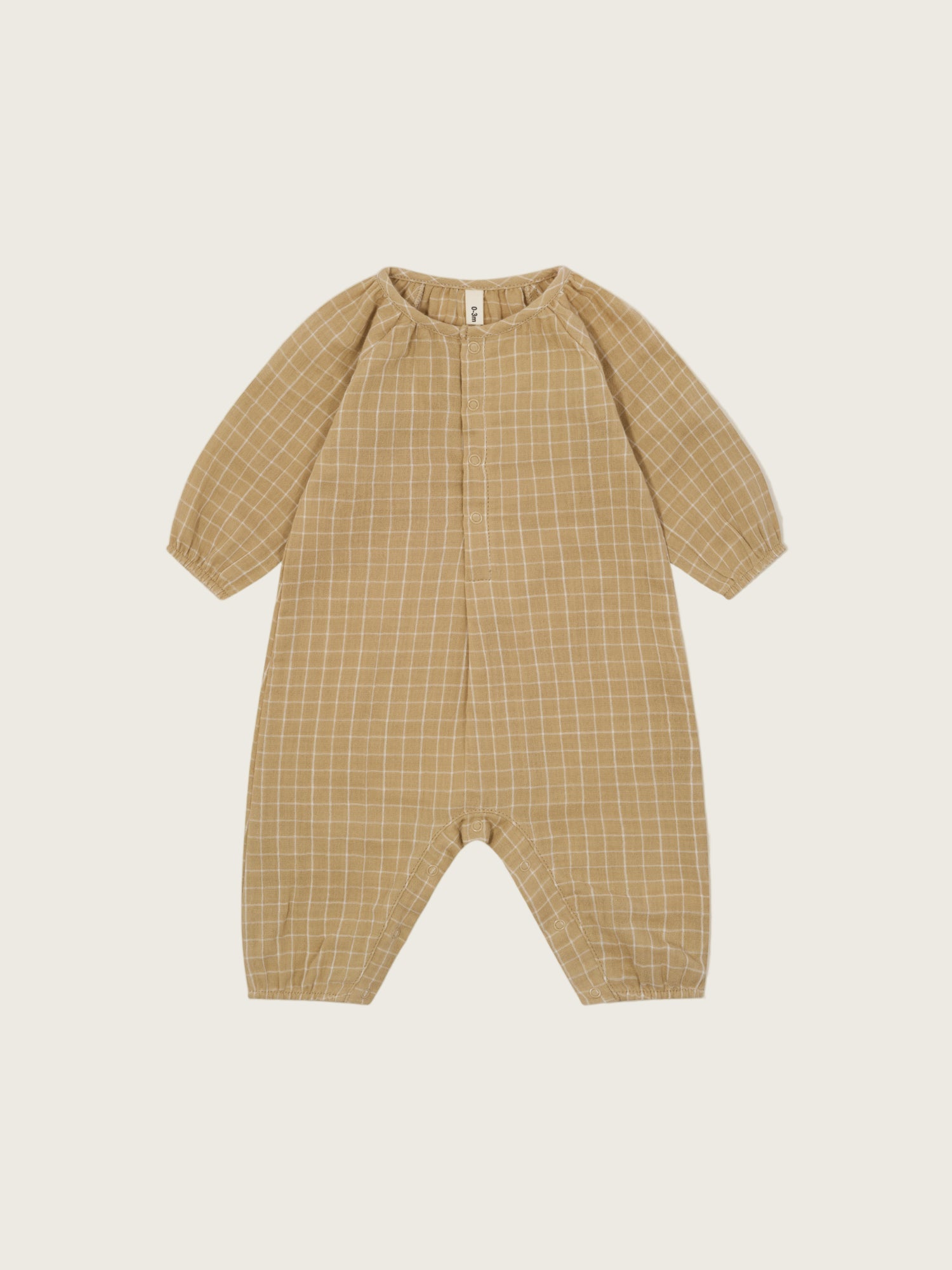 baby wheat gold grid check organic muslin onesie with gathered neckline & cuffs, front & crotch poppers