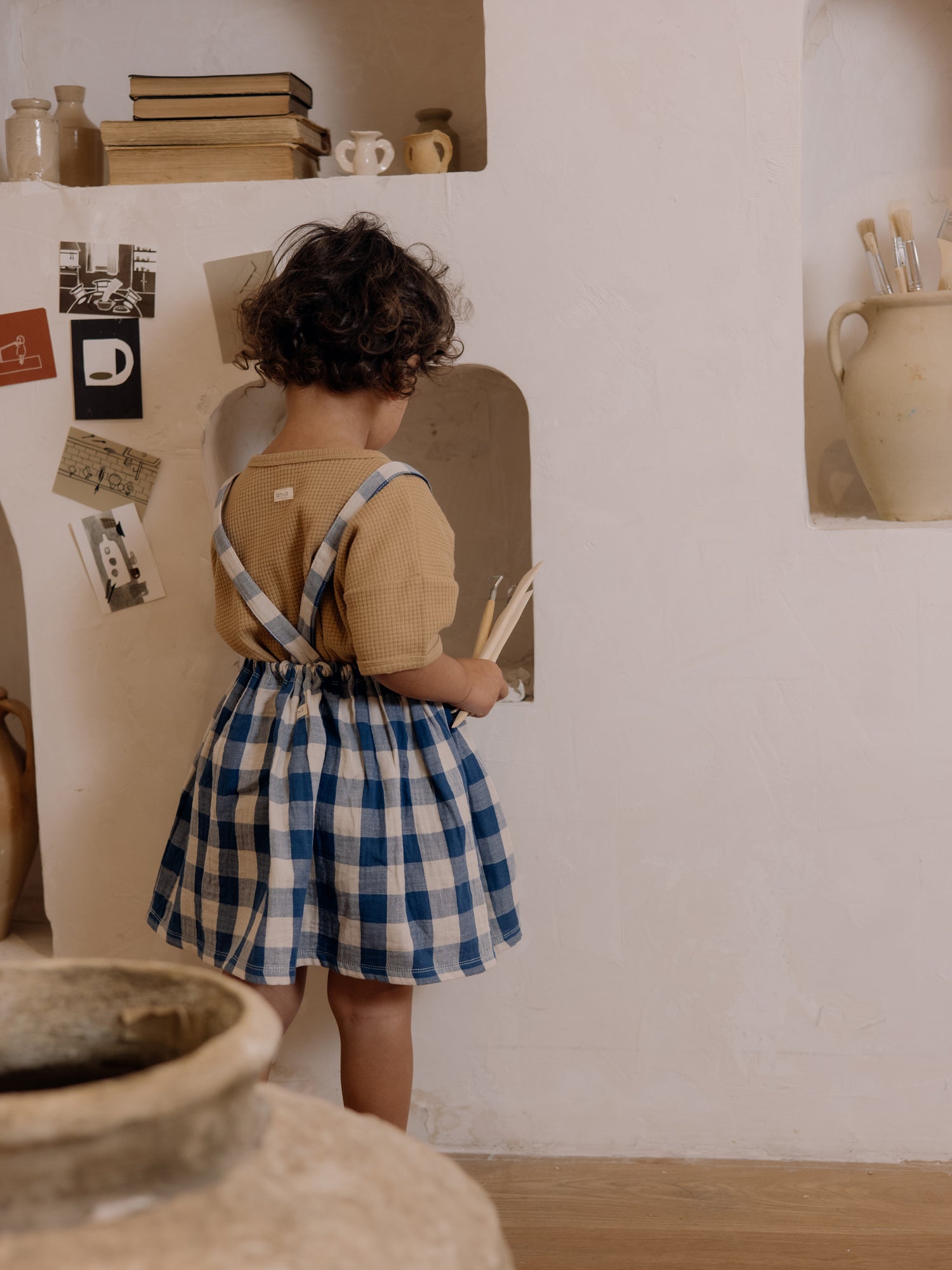 Pottery Blue Gingham Maker Crossback Skirt