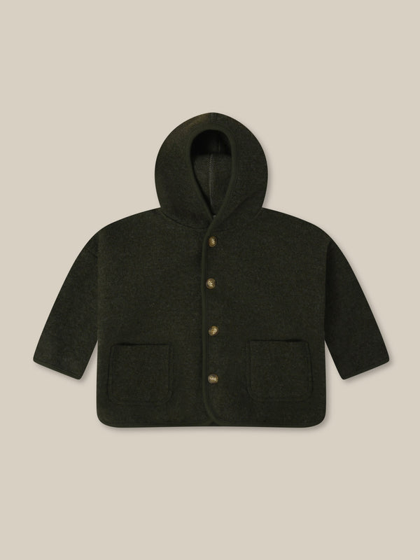 Boxy Wool Hooded Jacket For Toddlers In Basil Green With Tortoise Buttons