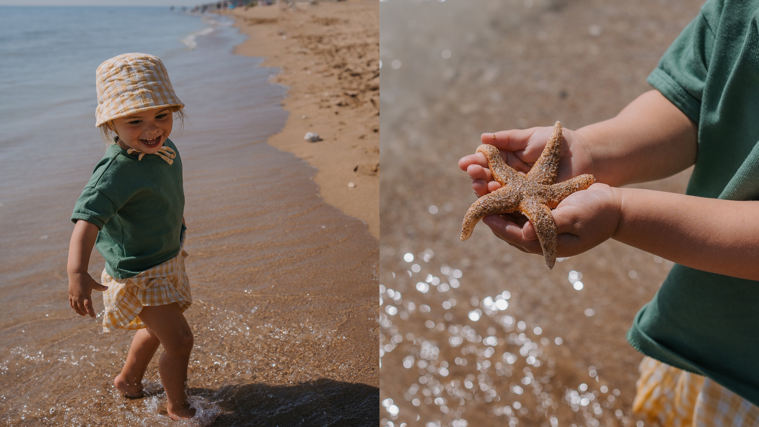Child on a beach holding a starfish wearing green t-shirt and gingham check hat