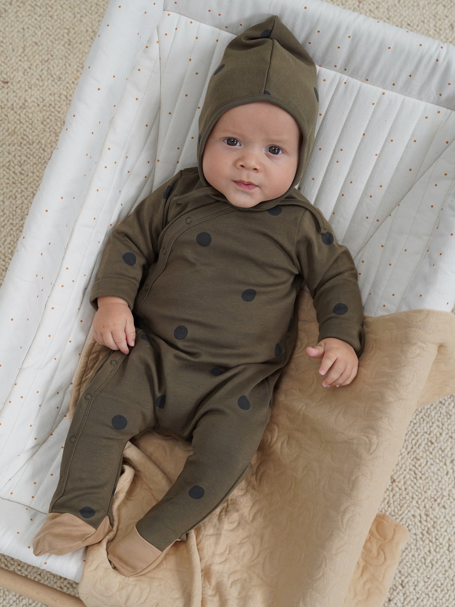 KNIT BONNET / Organic Cotton - Olive　S Olive Dots Bonnet ~ Organic Zoo