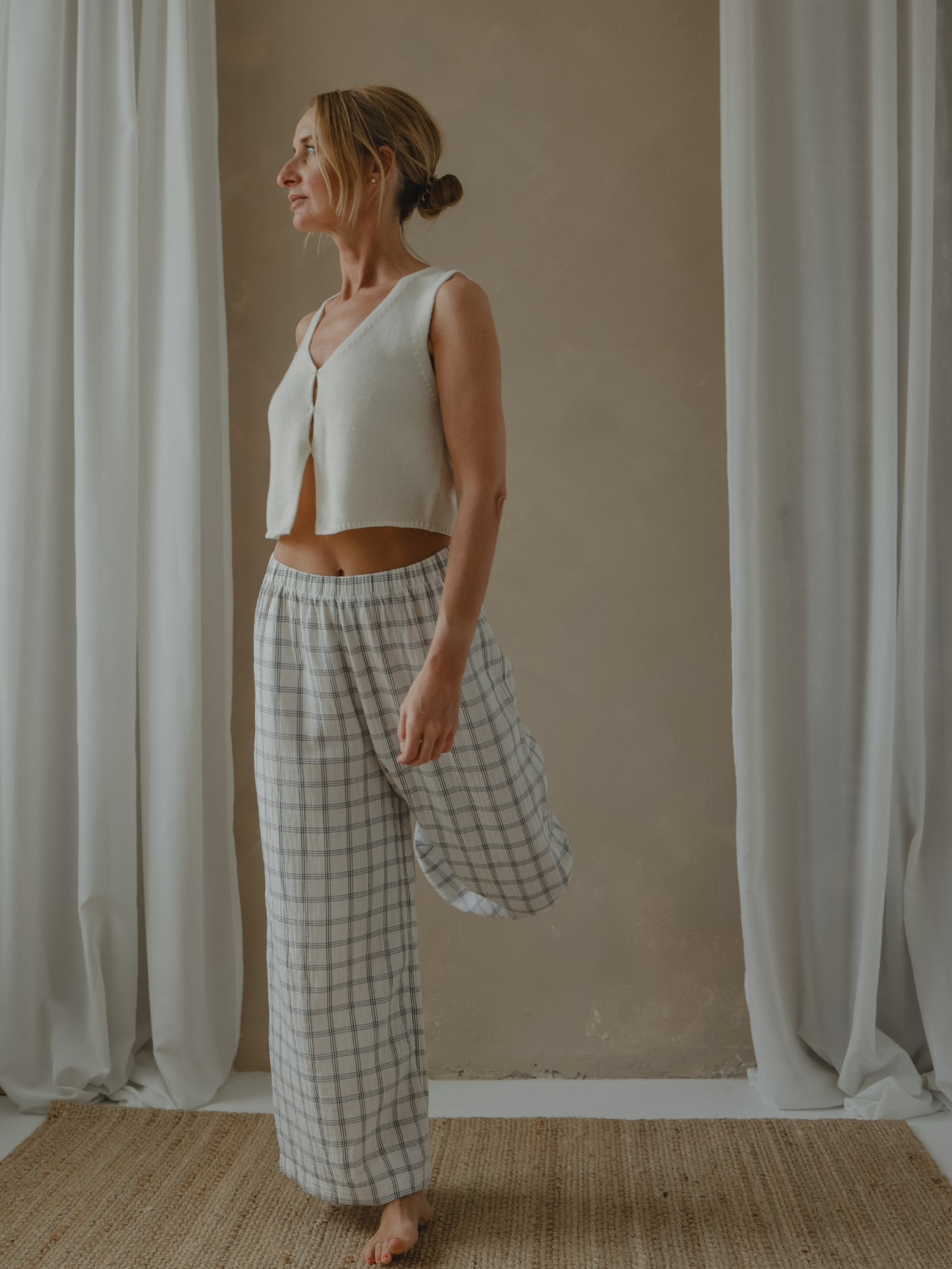 Women's Navy Window Check Wide Leg Pants | Organic Zoo