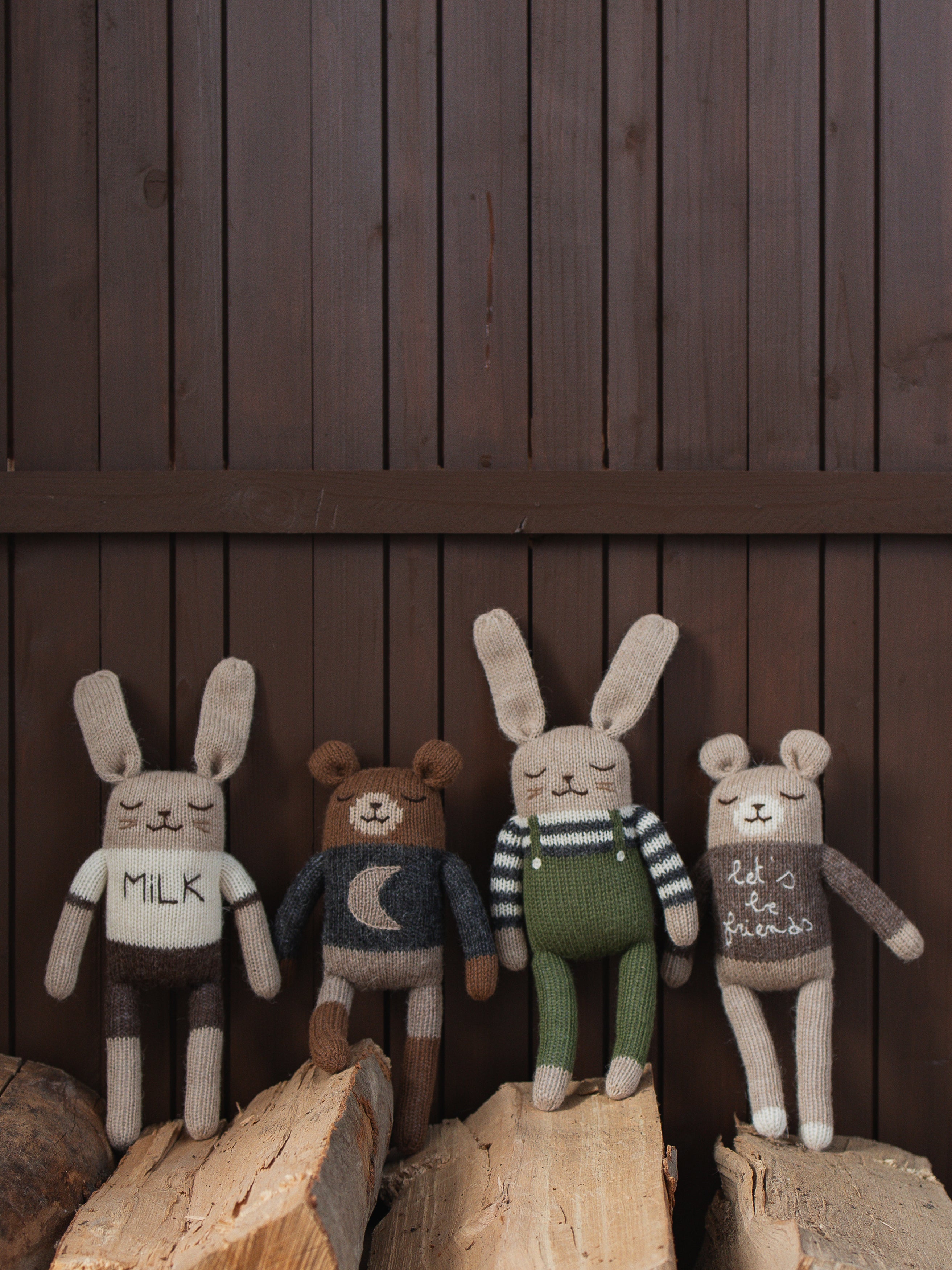 knitted wool bunny and teddy soft toys