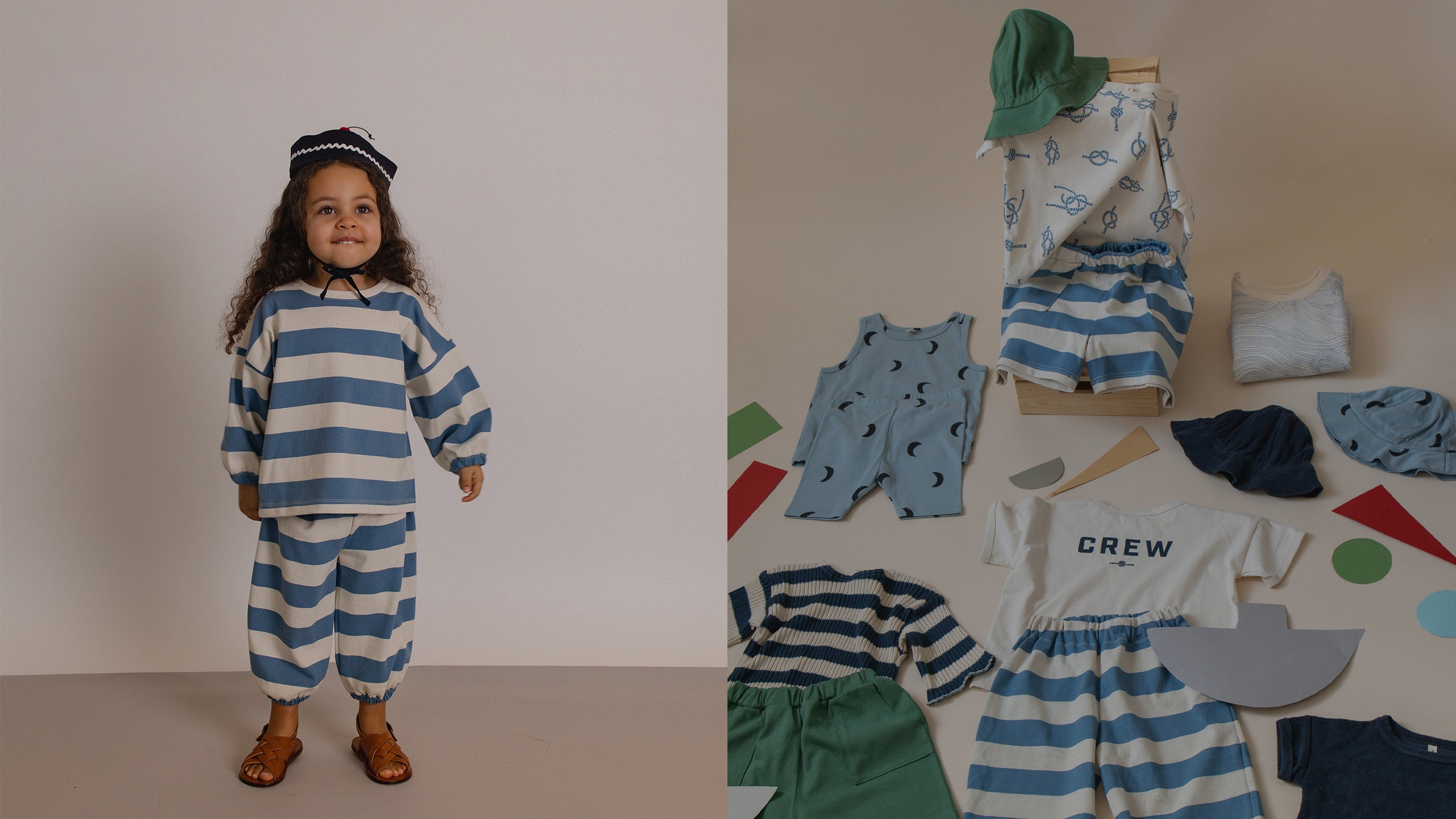 Child wearing a blue and white striped outfit with a hat, surrounded by more clothing items on a colorful background.