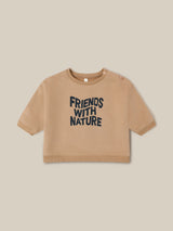 baby brown sweater with FRIENDS WITH NATURE in wavy text across the front