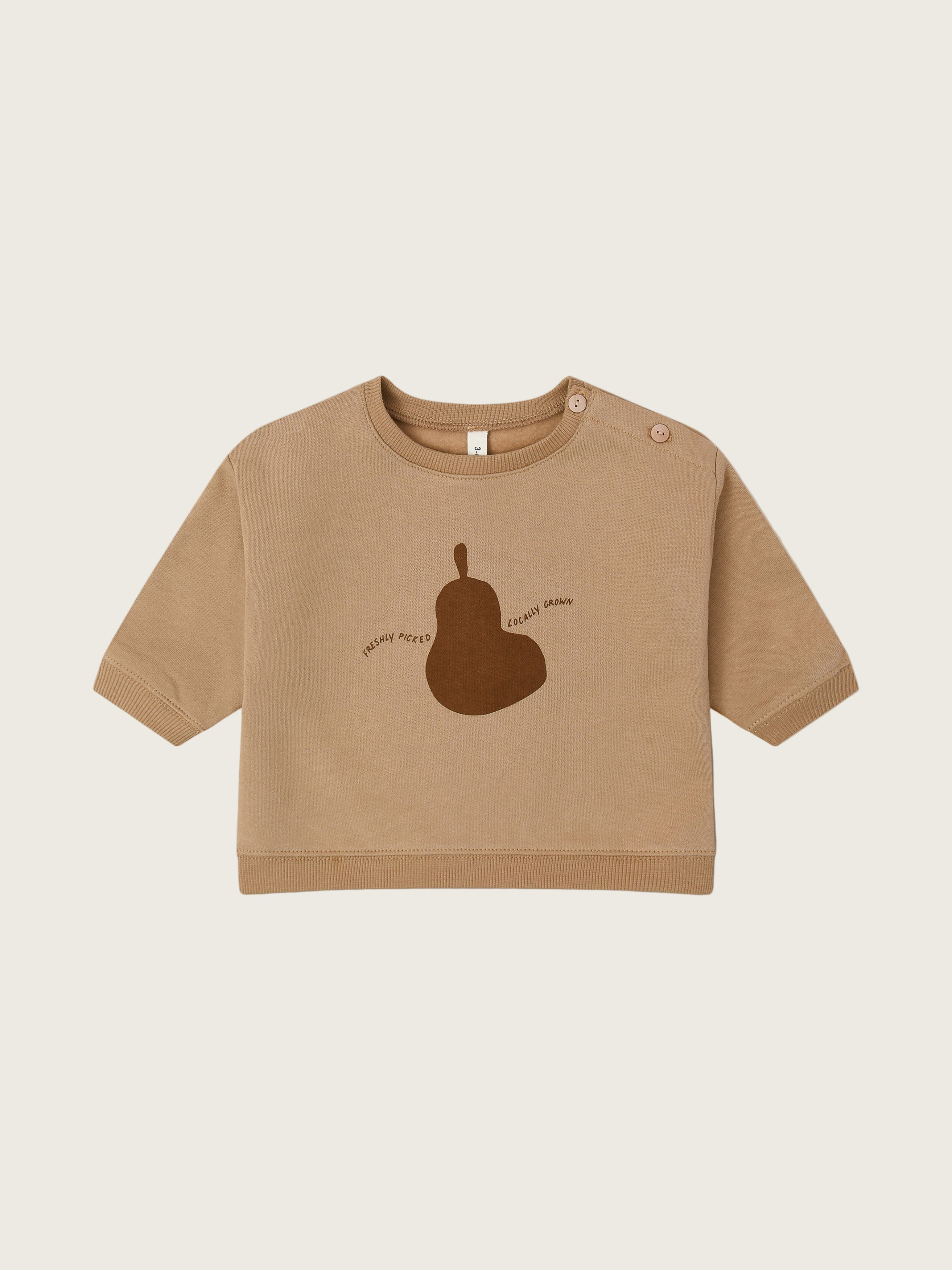 baby terry cotton sweatshirt in brown with pear FRESHLY PICKED LOCALLY GROWN text & buttons on left shoulder