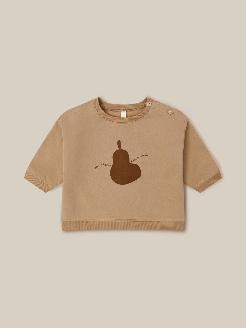 baby terry cotton sweatshirt in brown with pear FRESHLY PICKED LOCALLY GROWN text & buttons on left shoulder