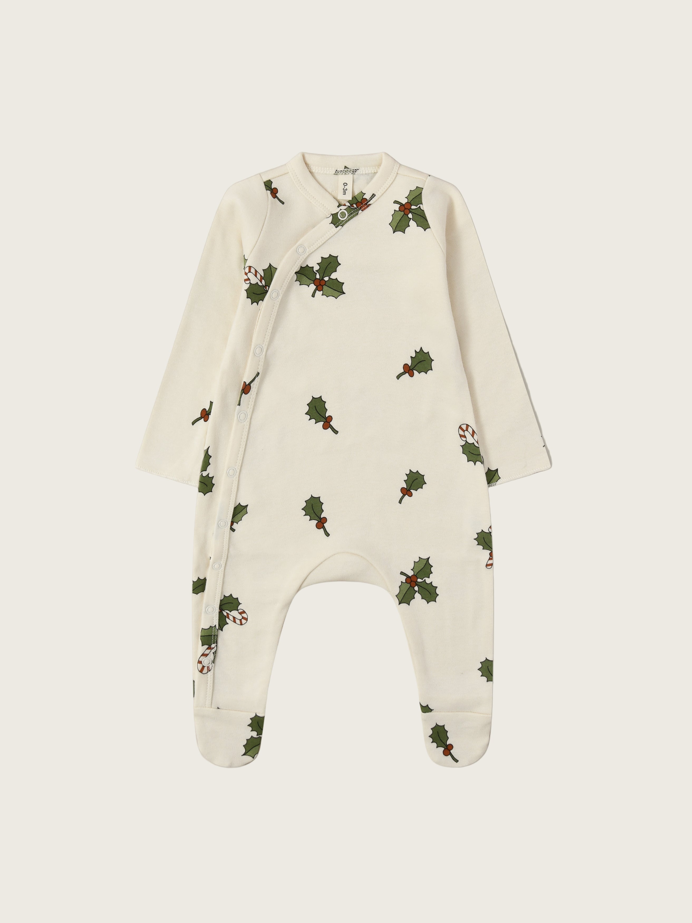 baby christmas holly & candy cane footed sleepsuit in cream with through front poppers